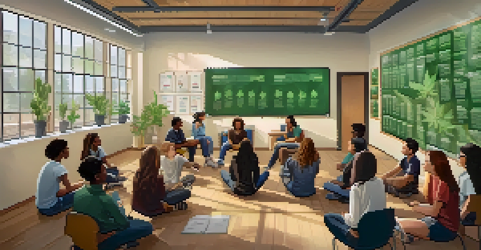 A diverse group of students engaging in a classroom discussion about cannabis education.