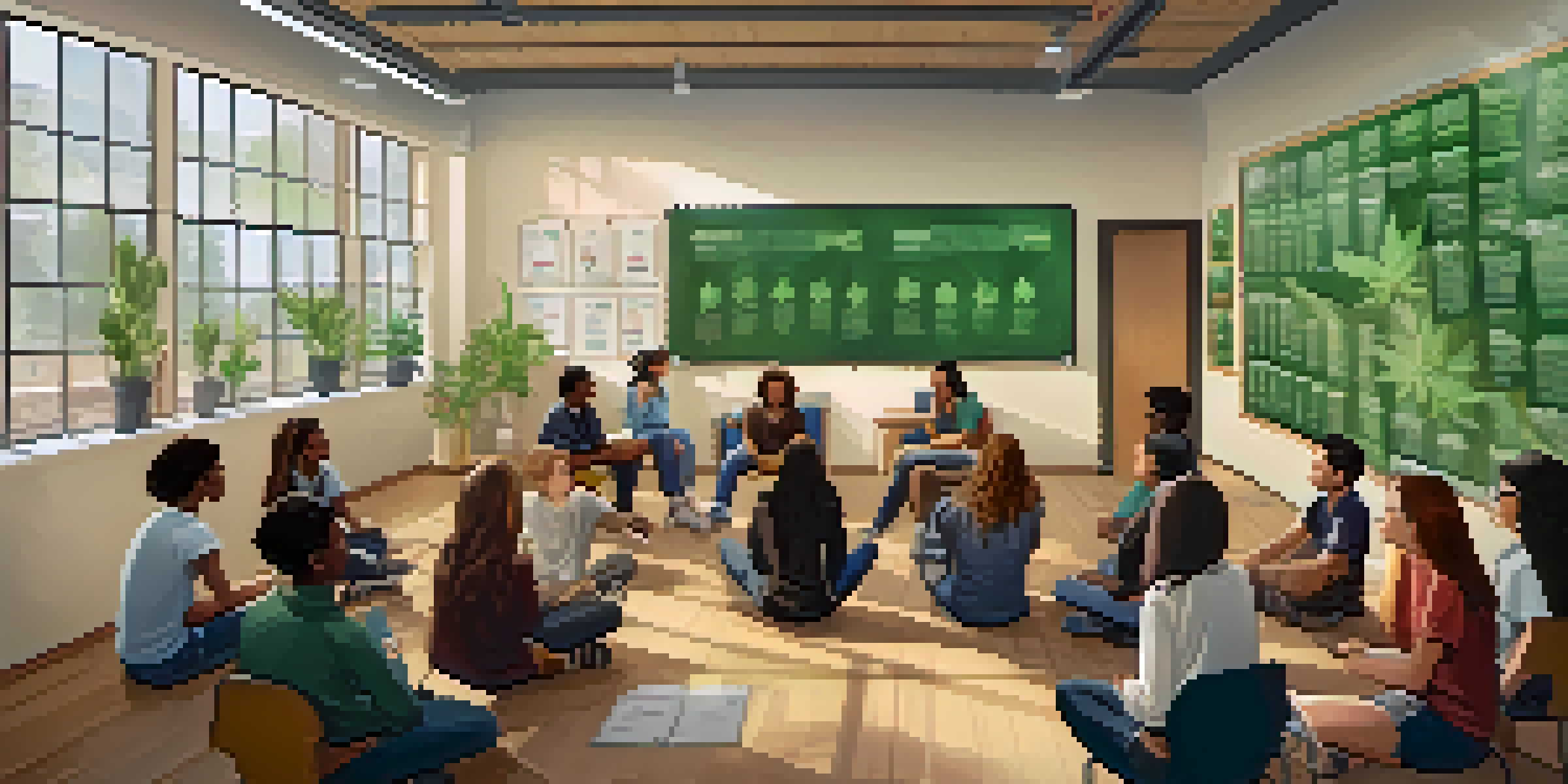 A diverse group of students engaging in a classroom discussion about cannabis education.