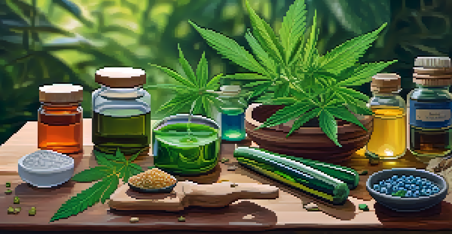 Artistic depiction of different marijuana consumption methods on a wooden table, surrounded by greenery.