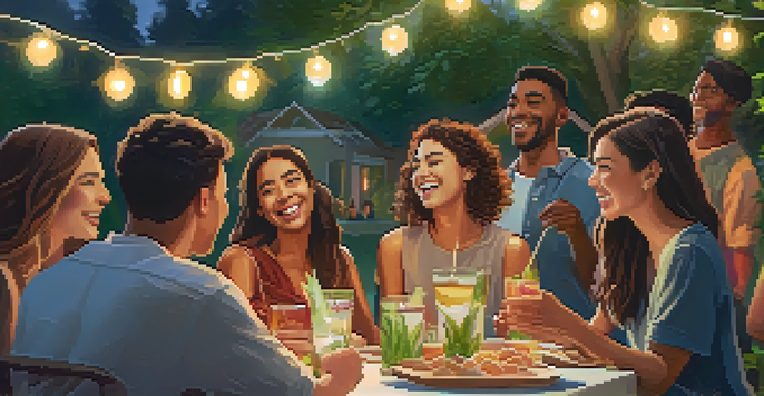 A lively outdoor party with young adults chatting, laughing, and enjoying snacks under glowing string lights.