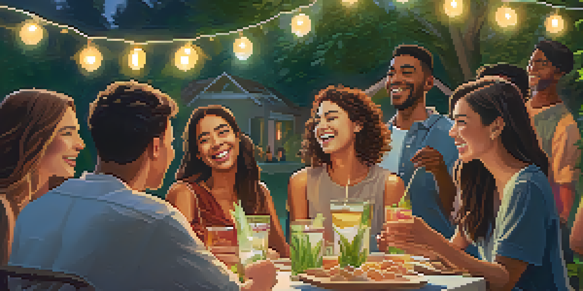 A lively outdoor party with young adults chatting, laughing, and enjoying snacks under glowing string lights.