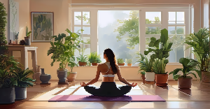 A woman practicing yoga in a serene yoga studio filled with plants and soft lighting.