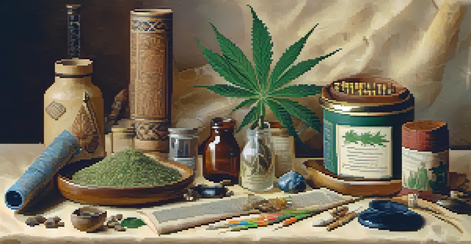 A collage of historical cannabis-related artifacts on a textured background, showcasing cultural significance and diversity.