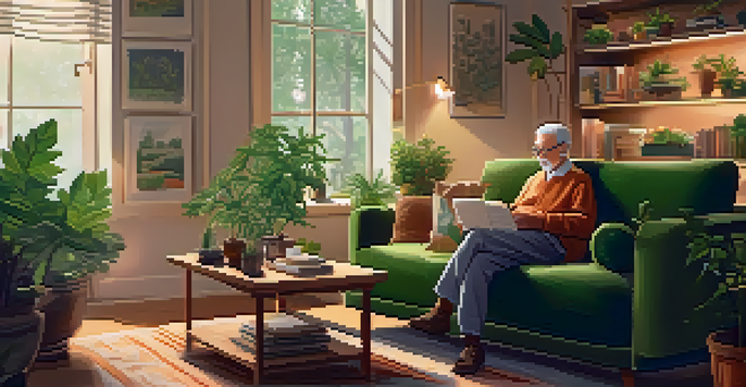 An older adult relaxing in a cozy indoor setting, surrounded by plants and books, with a marijuana-themed book on a coffee table.