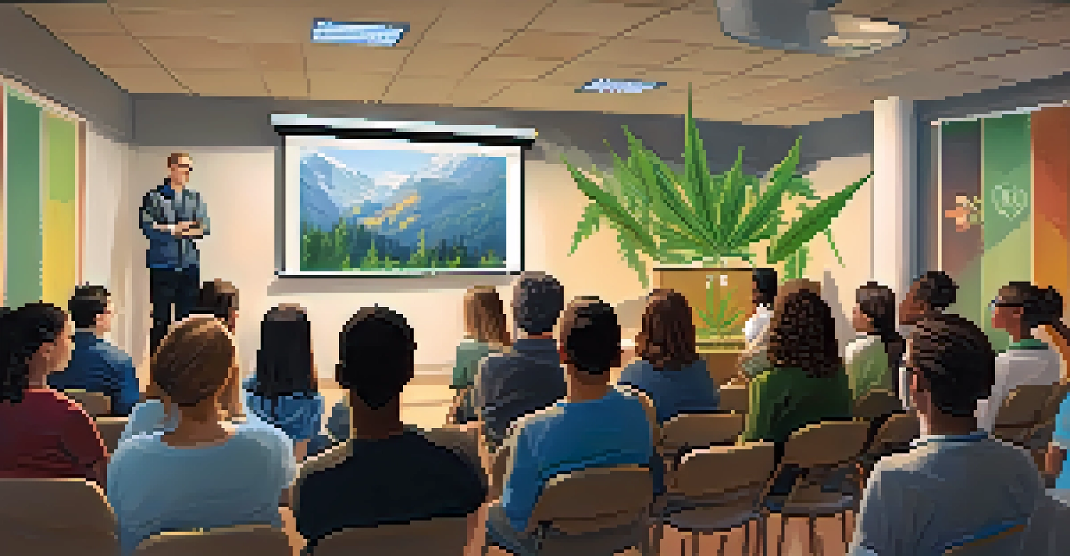 A healthcare professional presenting about marijuana use and dependency to an engaged audience in a warm educational setting.
