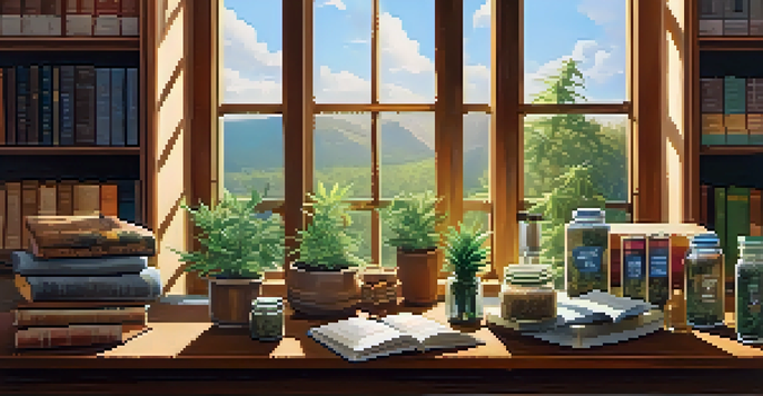 A warm and inviting indoor scene with cannabis products on a wooden table, soft light from a window, and a cozy armchair in the background.