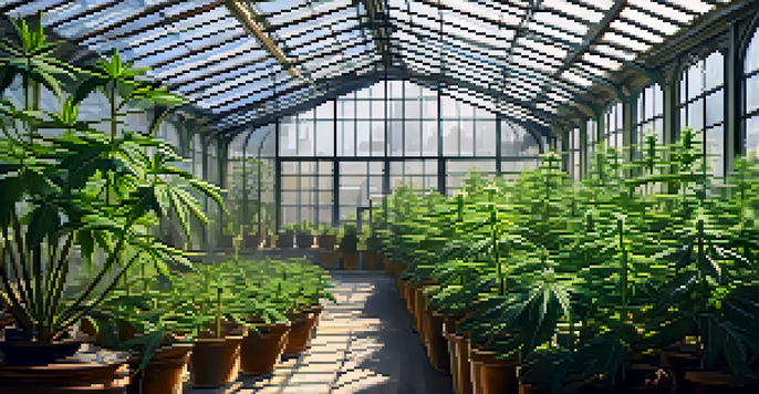 A close-up view of a green cannabis plant with budding flowers in a bright greenhouse, with sunlight filtering through glass and shadows on the leaves.