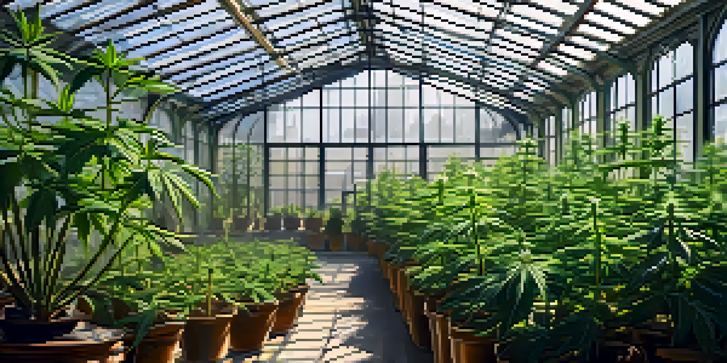 A close-up view of a green cannabis plant with budding flowers in a bright greenhouse, with sunlight filtering through glass and shadows on the leaves.