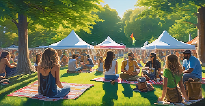 An outdoor cannabis community event with diverse attendees engaging in conversations under bright sunlight, surrounded by colorful tents.