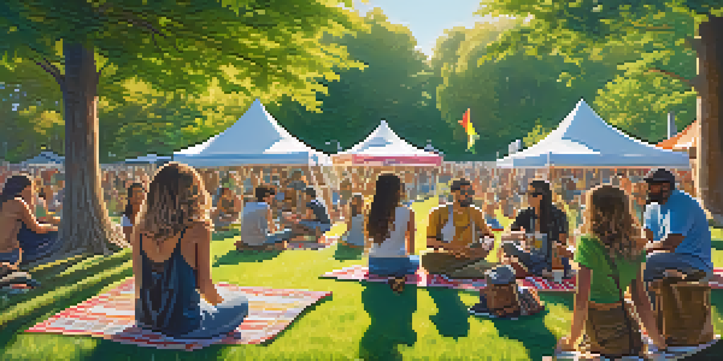 An outdoor cannabis community event with diverse attendees engaging in conversations under bright sunlight, surrounded by colorful tents.