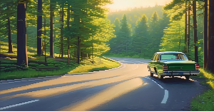 A winding road through a forest at golden hour with a parked car and a 'No Driving Under Influence' sign, highlighting road safety.