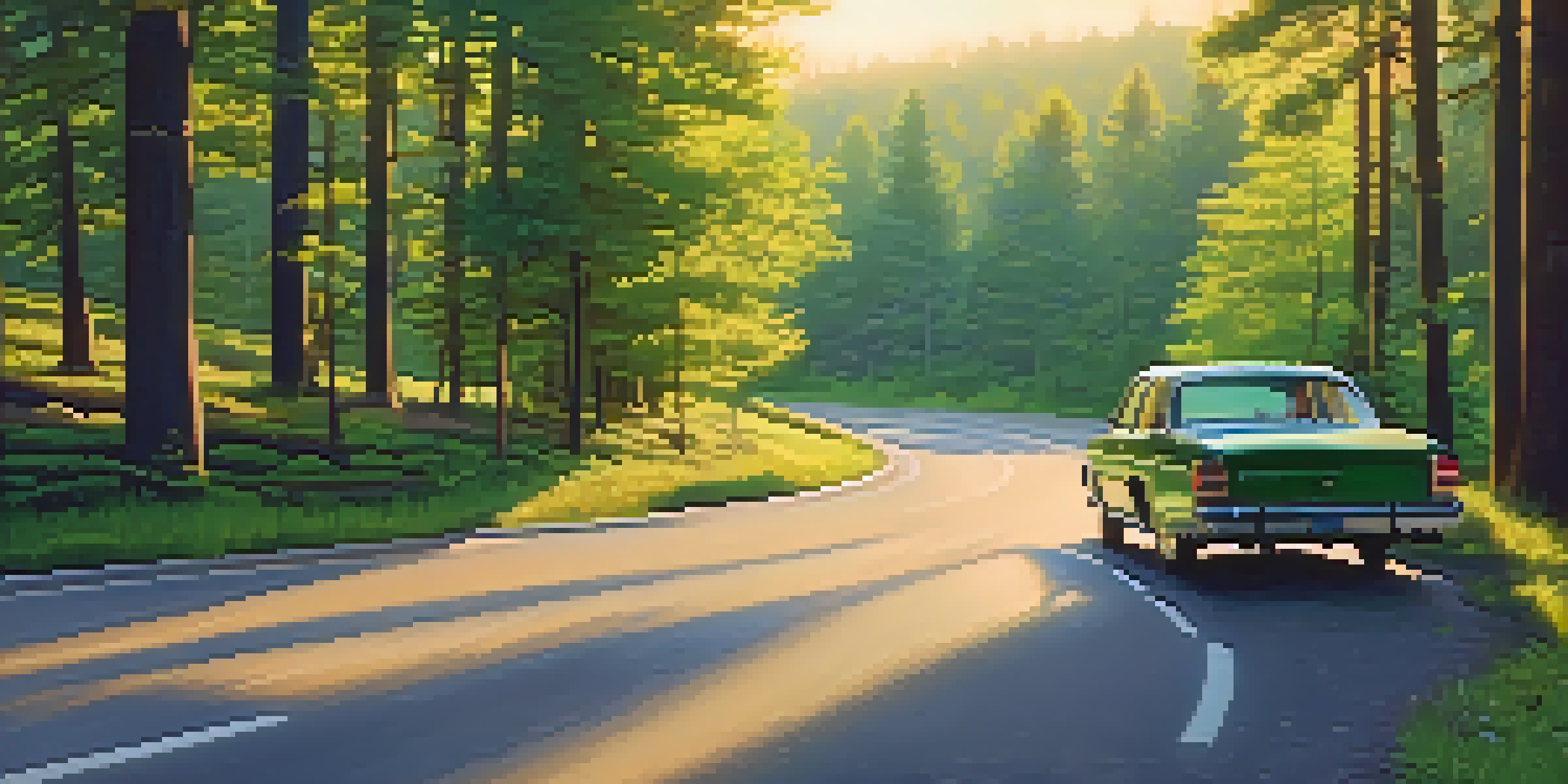 A winding road through a forest at golden hour with a parked car and a 'No Driving Under Influence' sign, highlighting road safety.