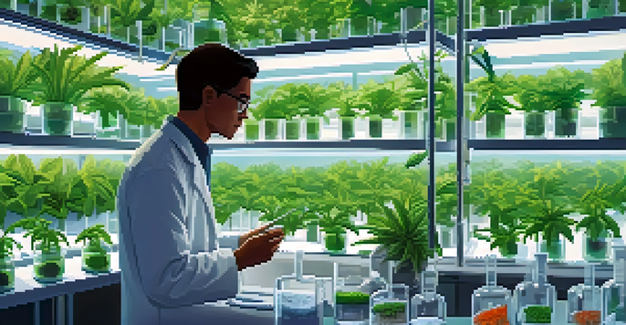 A researcher in a laboratory examining a petri dish with plants and scientific equipment around them.