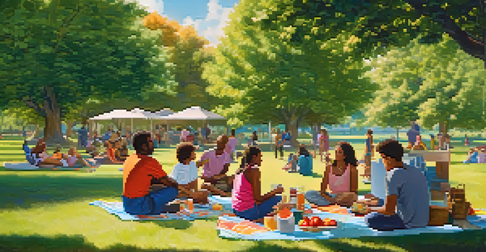 A diverse group of people enjoying a picnic in a sunny park with trees and children playing.