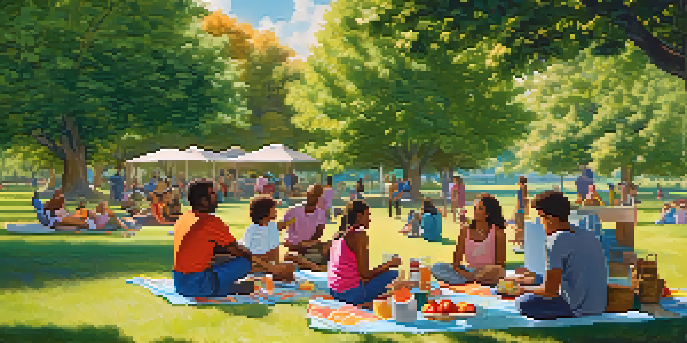 A diverse group of people enjoying a picnic in a sunny park with trees and children playing.
