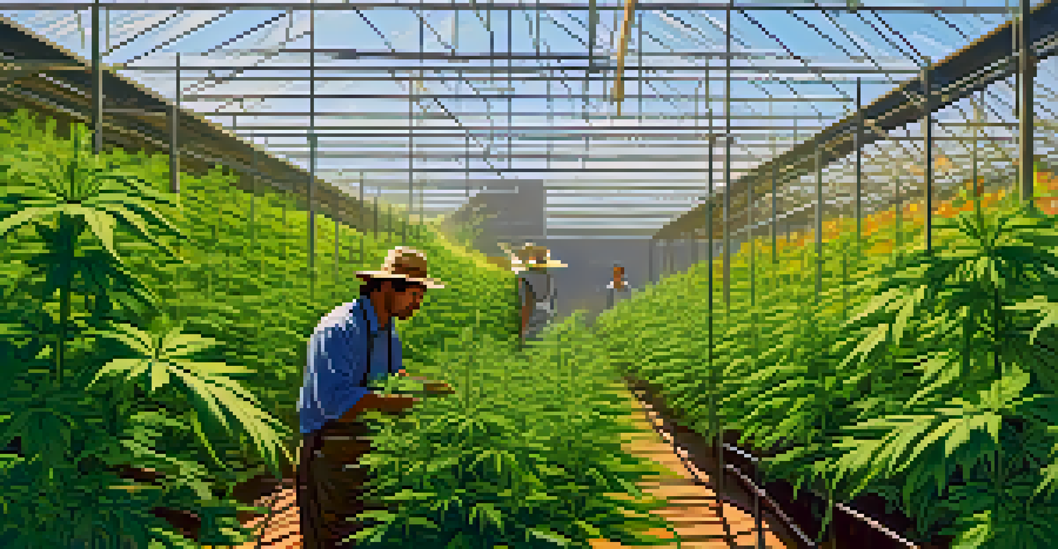 A farmer inspecting cannabis plants on a sunny day with butterflies in a lush green field.