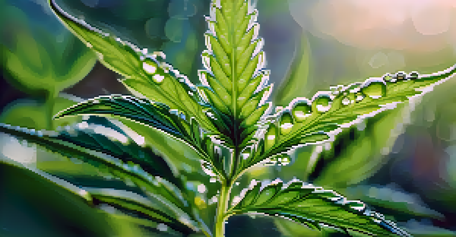 Close-up of a cannabis plant with green leaves and dew drops in morning sunlight.