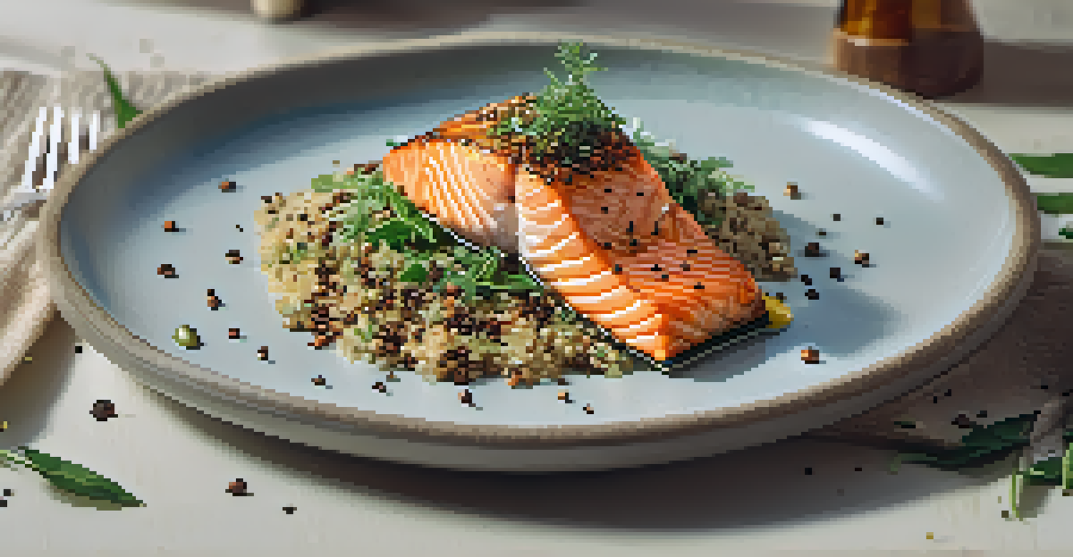 A close-up of grilled salmon on quinoa with herbs and flaxseeds, accompanied by a small dish of cannabis-infused dressing, with a blurred background.