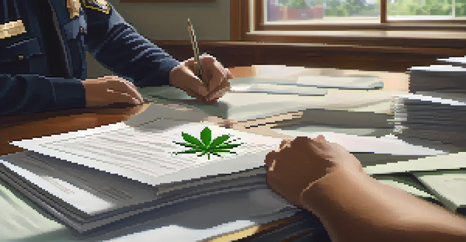 A police officer reviewing legal documents related to marijuana use on a desk in a police station.