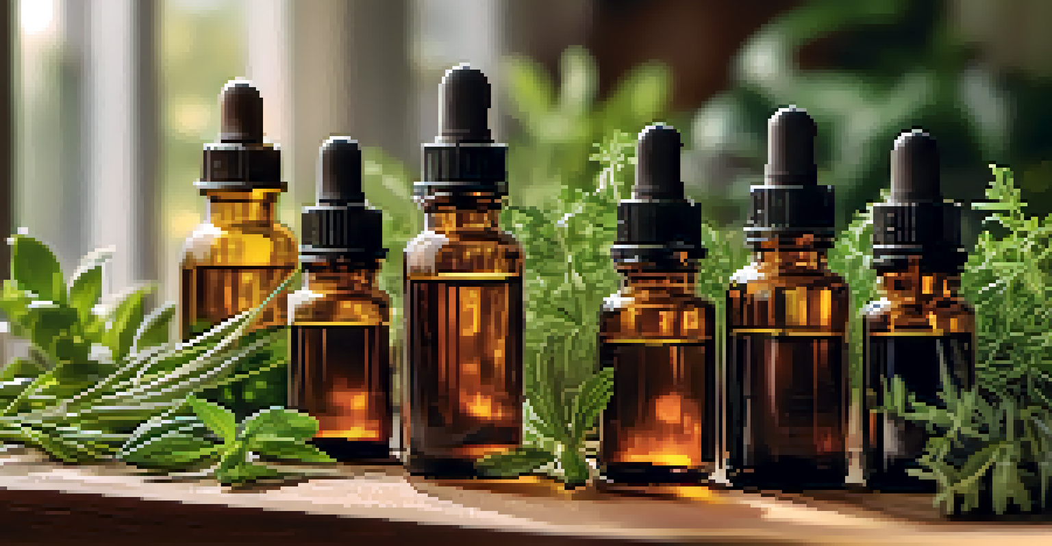 A close-up view of a wooden table with CBD oil bottles and fresh herbs, bathed in warm light.