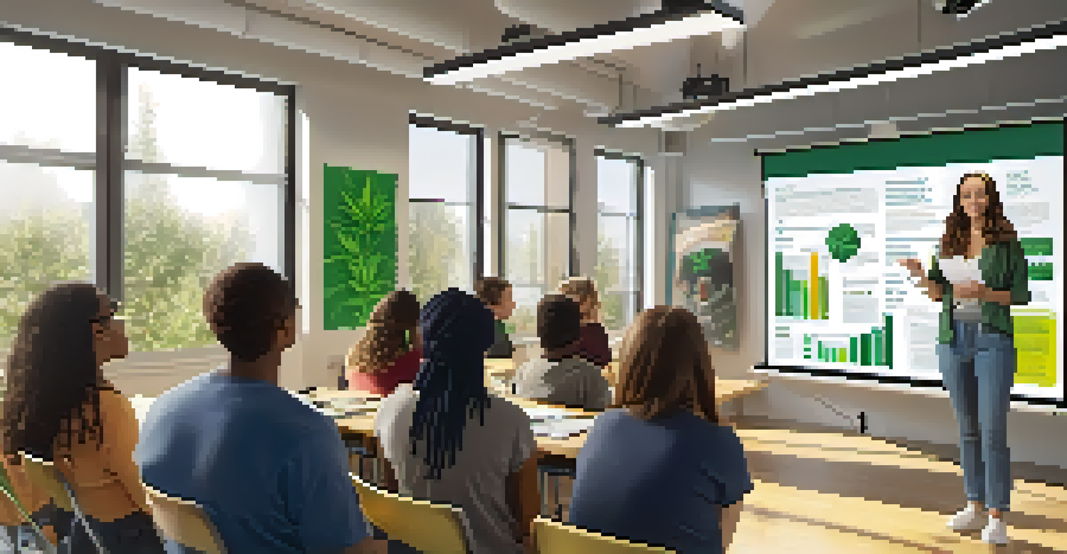 A workshop in a classroom with a health professional presenting to young adults about responsible marijuana use, bright and modern setting.