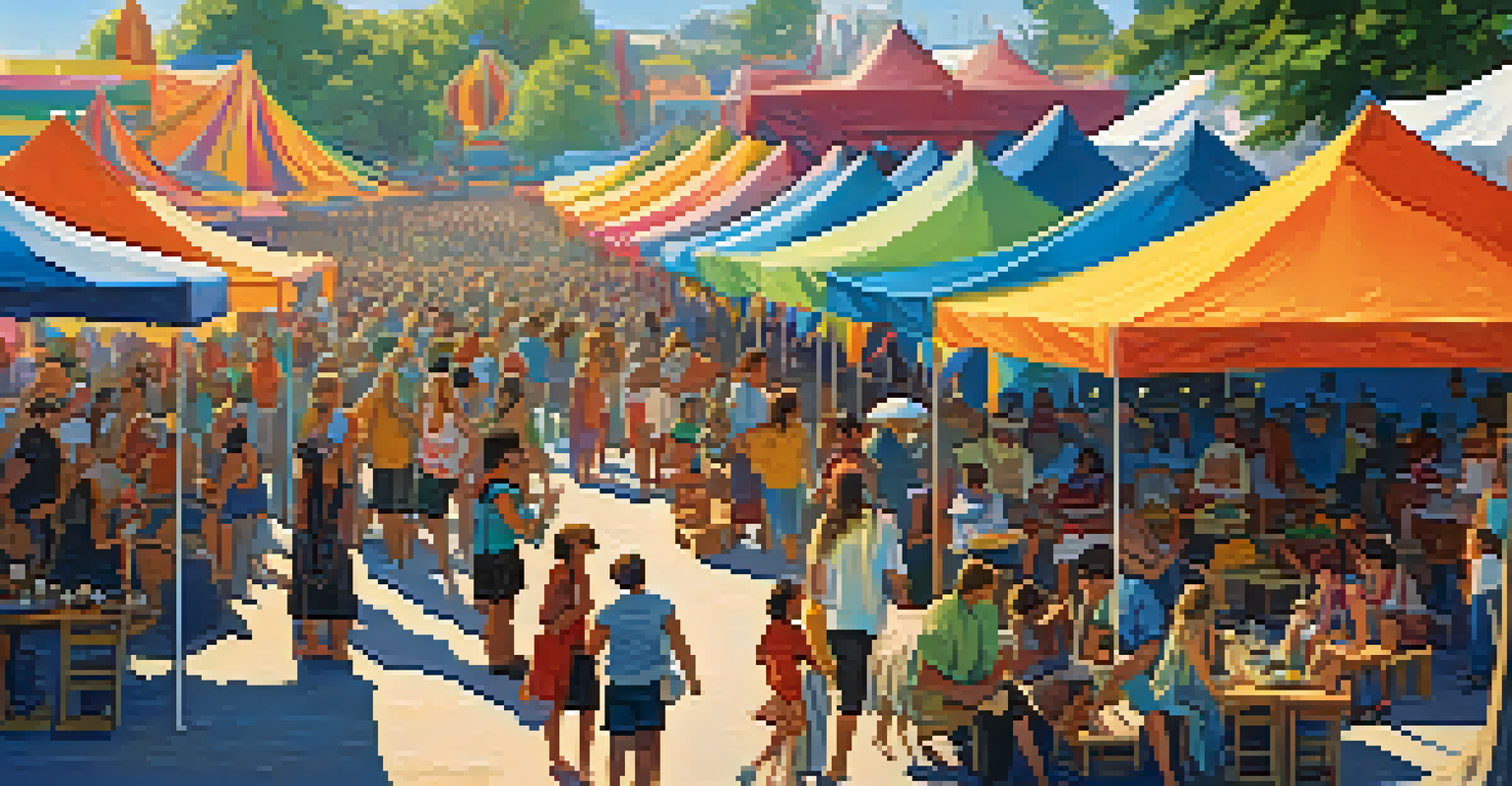 A lively outdoor music festival with colorful tents, people dancing and enjoying live music under a clear blue sky.