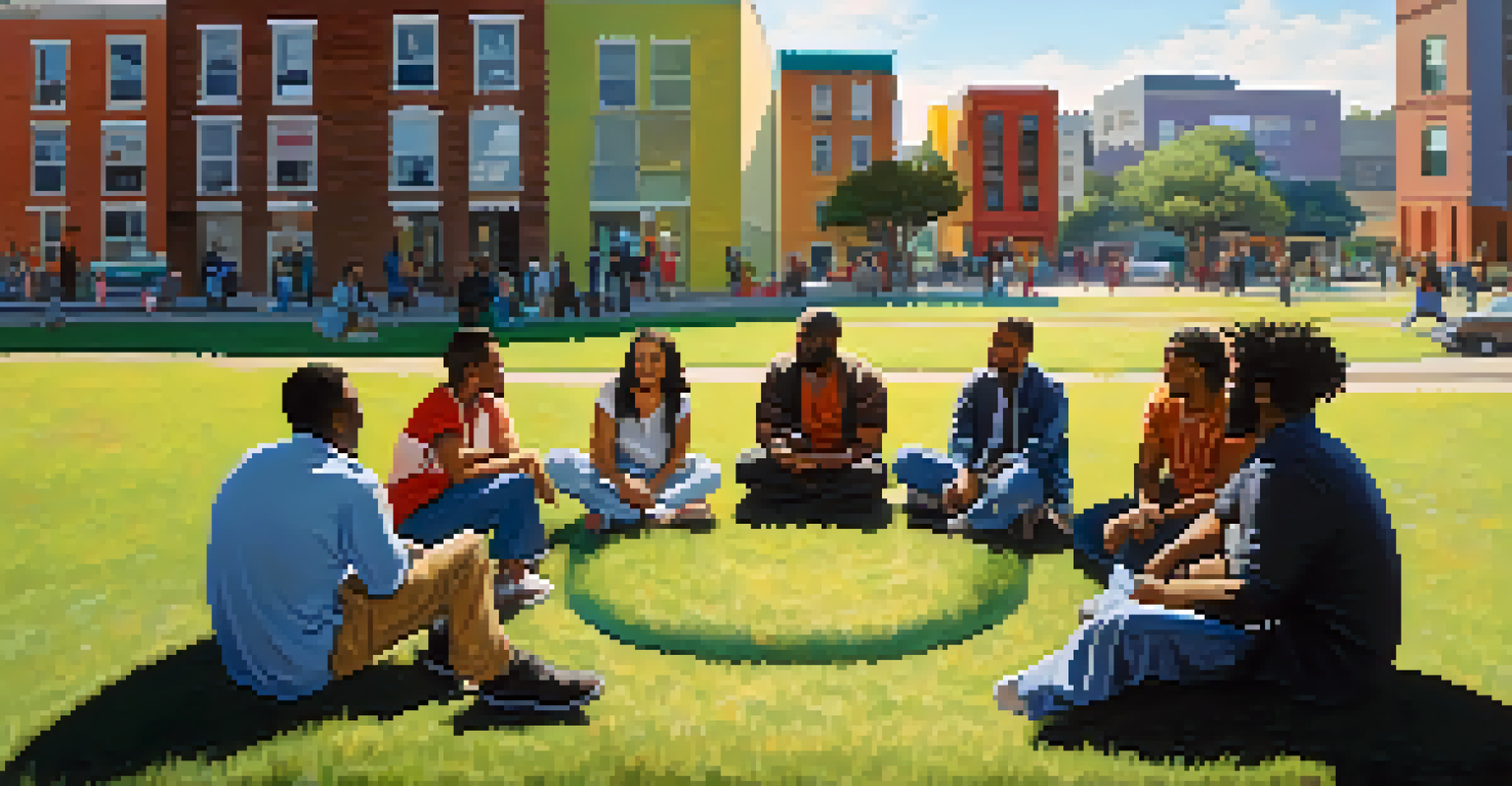 A group of diverse individuals sitting in a circle discussing in an urban park, with colorful murals in the background.