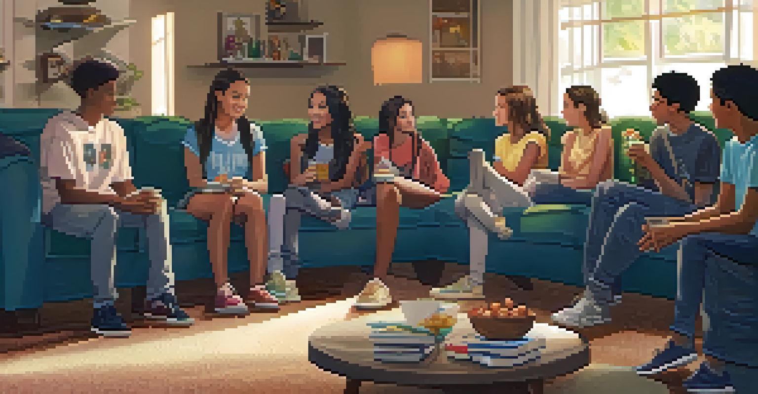 A group of teens sitting in a cozy living room, having a serious discussion about peer pressure and healthy choices.
