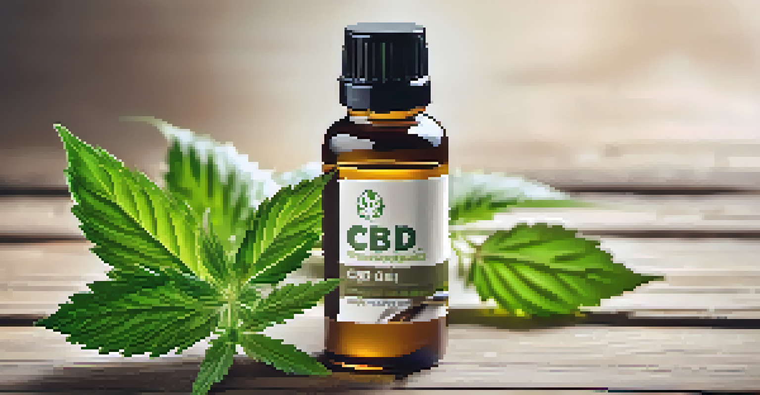 A close-up of a CBD oil bottle with hemp leaves on a wooden table.
