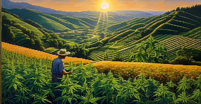 A cannabis farm with lush green plants under a sunset, featuring a farmer working in the field.