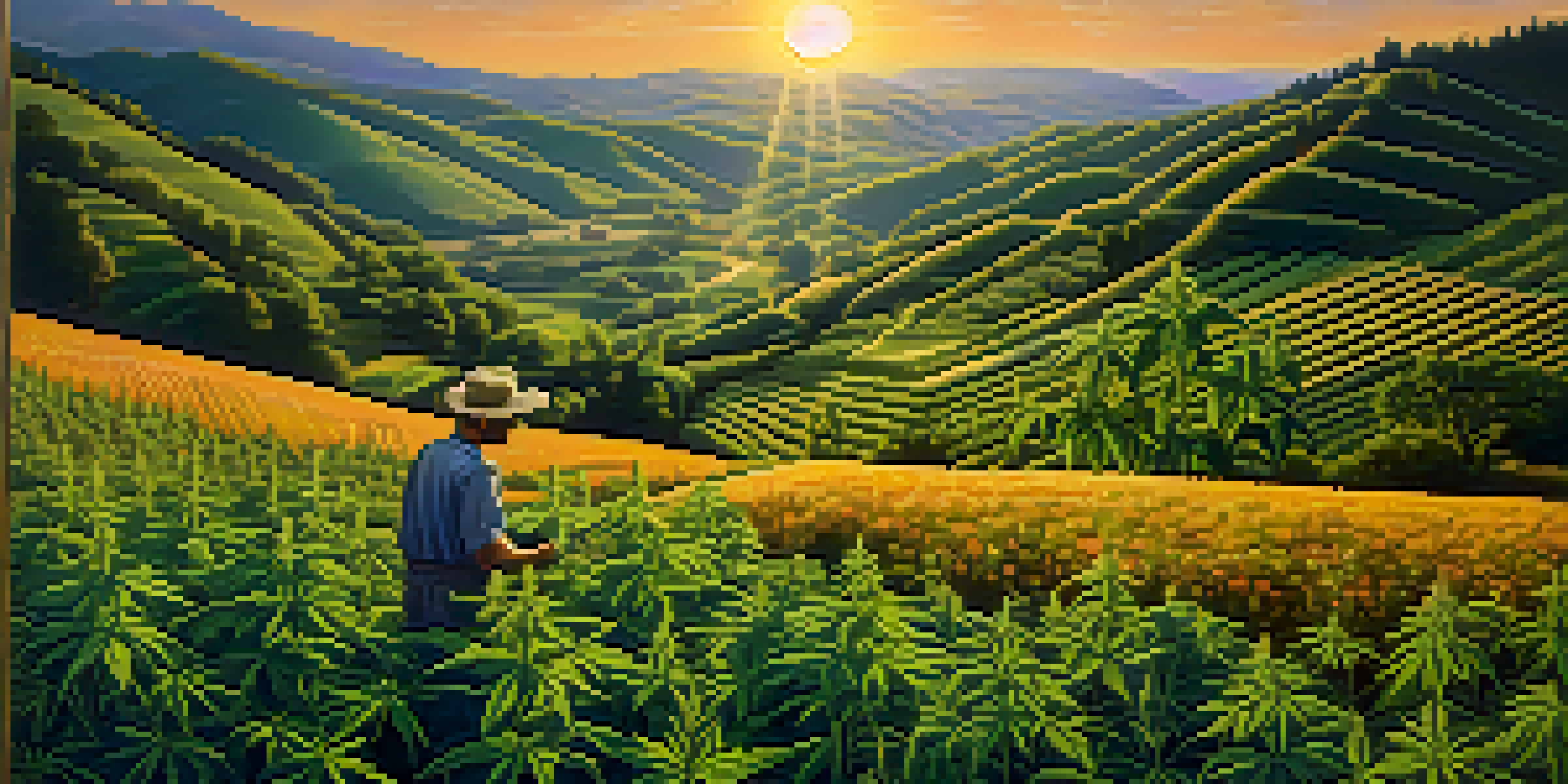 A cannabis farm with lush green plants under a sunset, featuring a farmer working in the field.