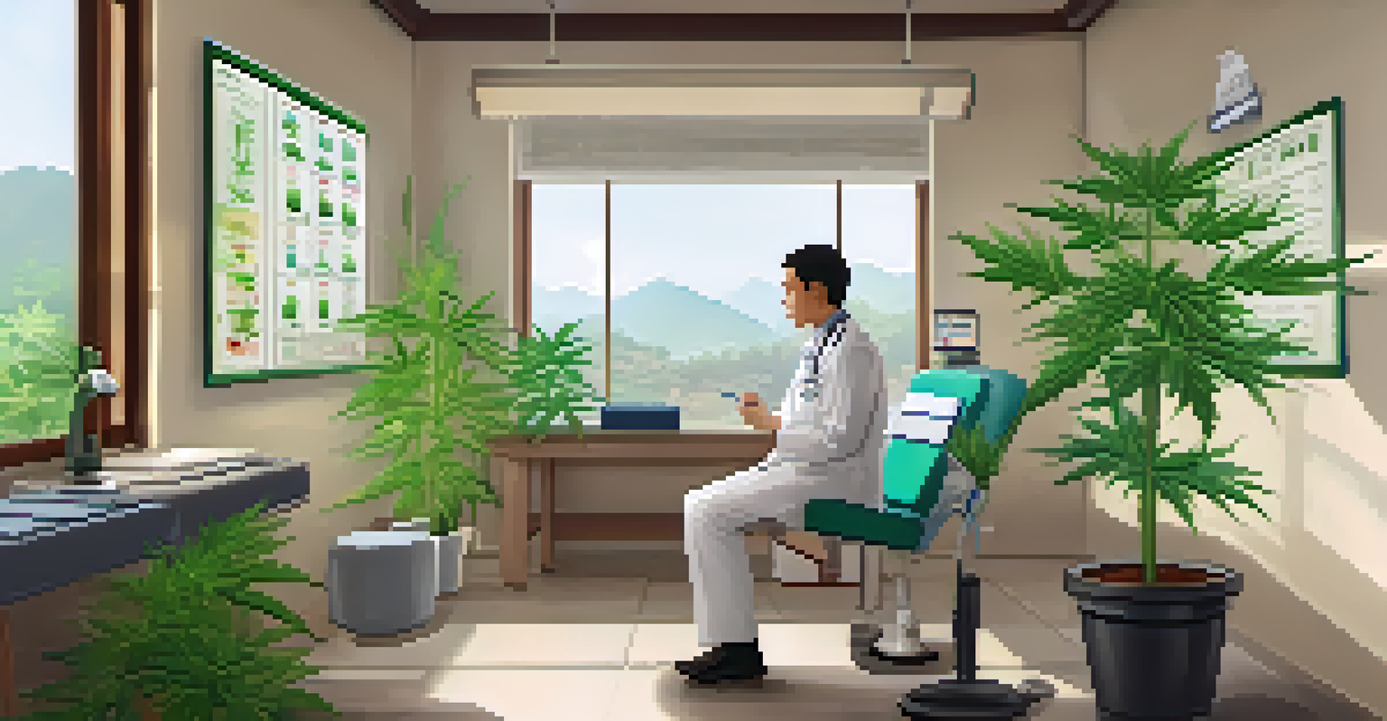 A doctor consulting with a patient about cannabis use for pain relief in a modern medical setting.