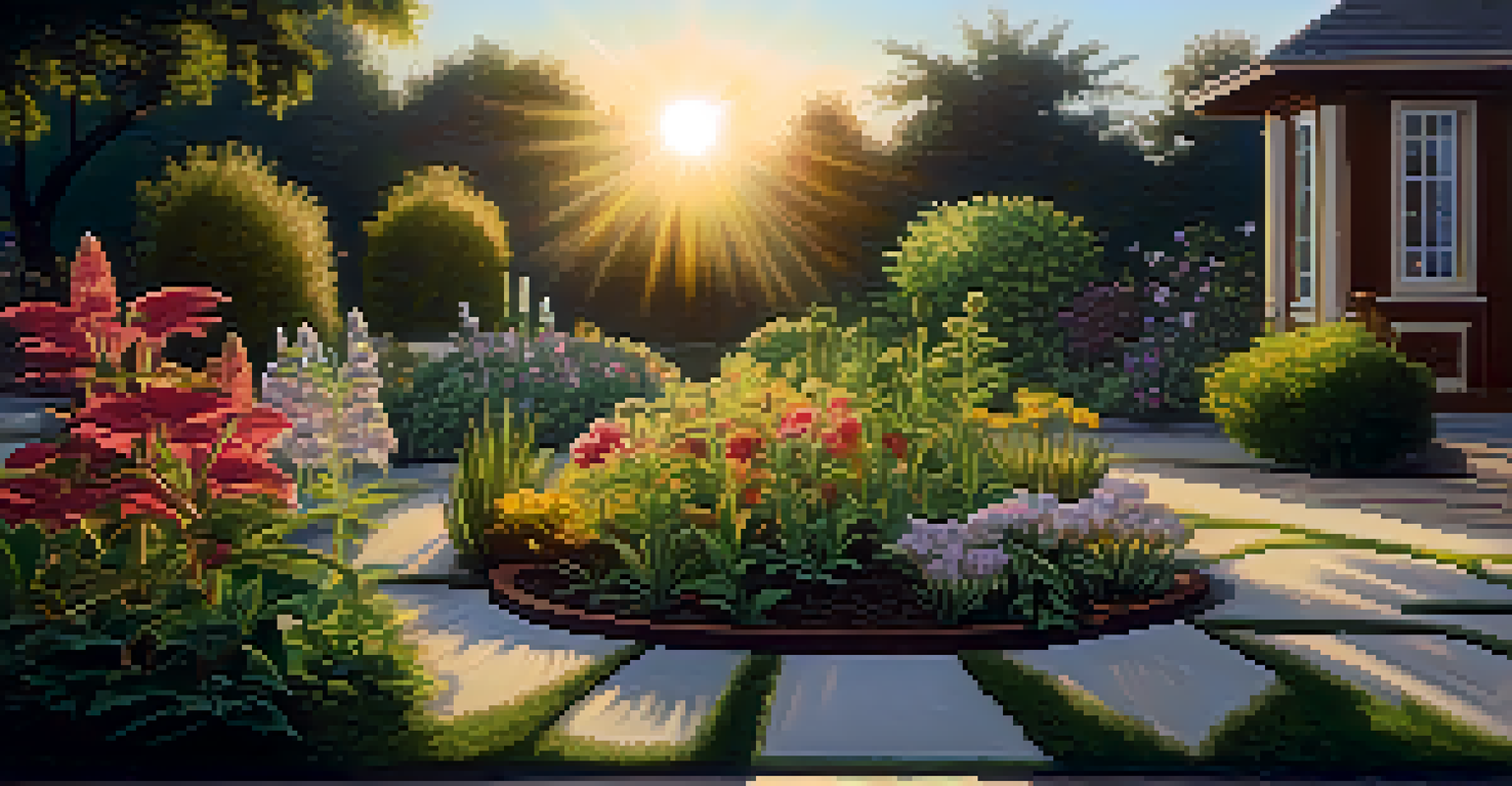A tranquil garden at sunset with blooming flowers and a small cannabis plant growing among them.