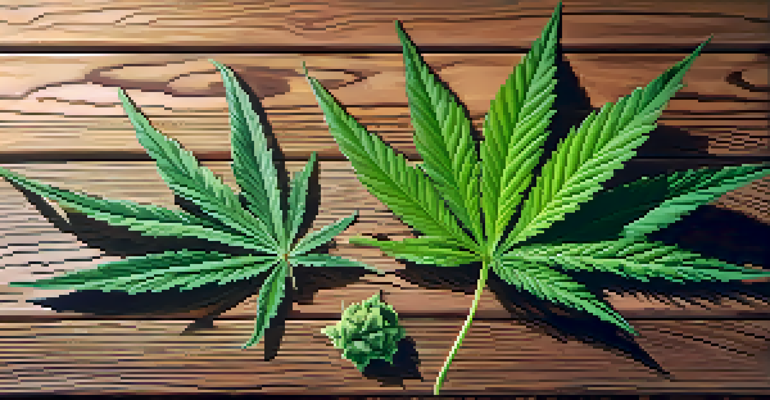 Close-up of cannabis leaves on a wooden table, showcasing their texture and vibrant green colors.