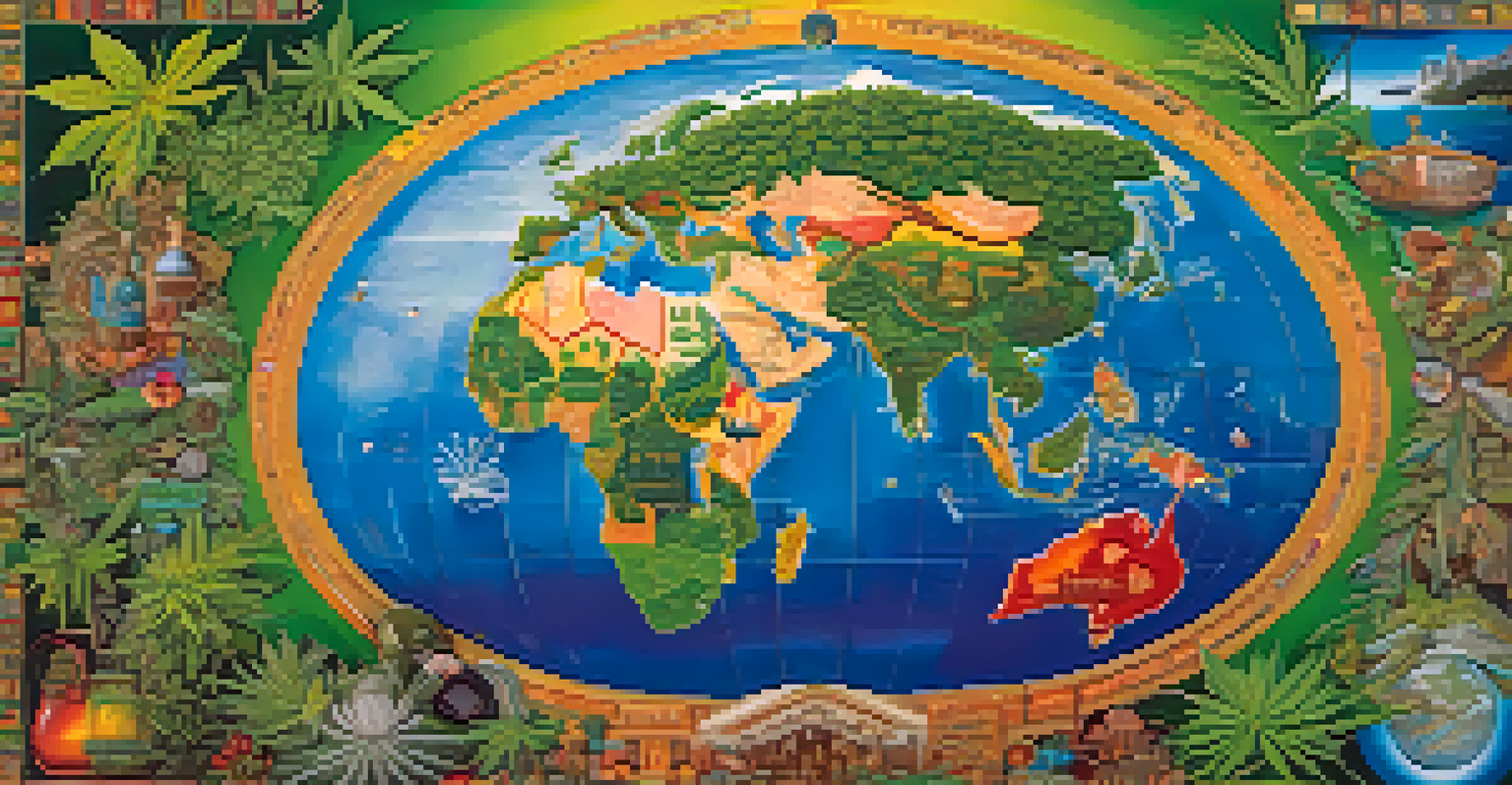 A colorful globe showing countries with different marijuana legalization statuses, with cannabis icons and a gradient background.