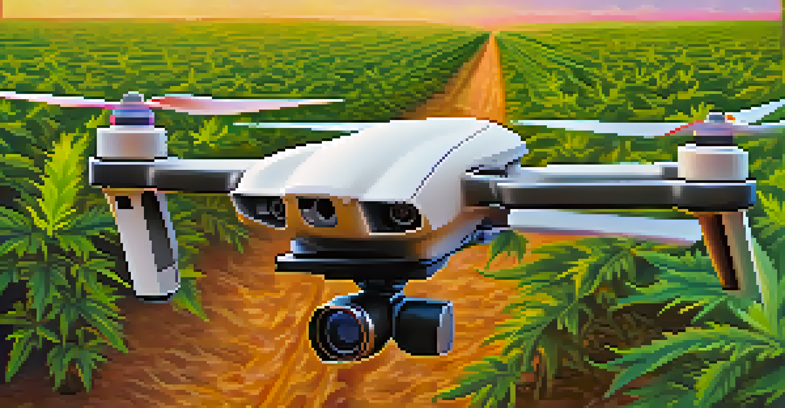 A close-up of a drone flying over cannabis plants, showcasing thermal imaging technology.