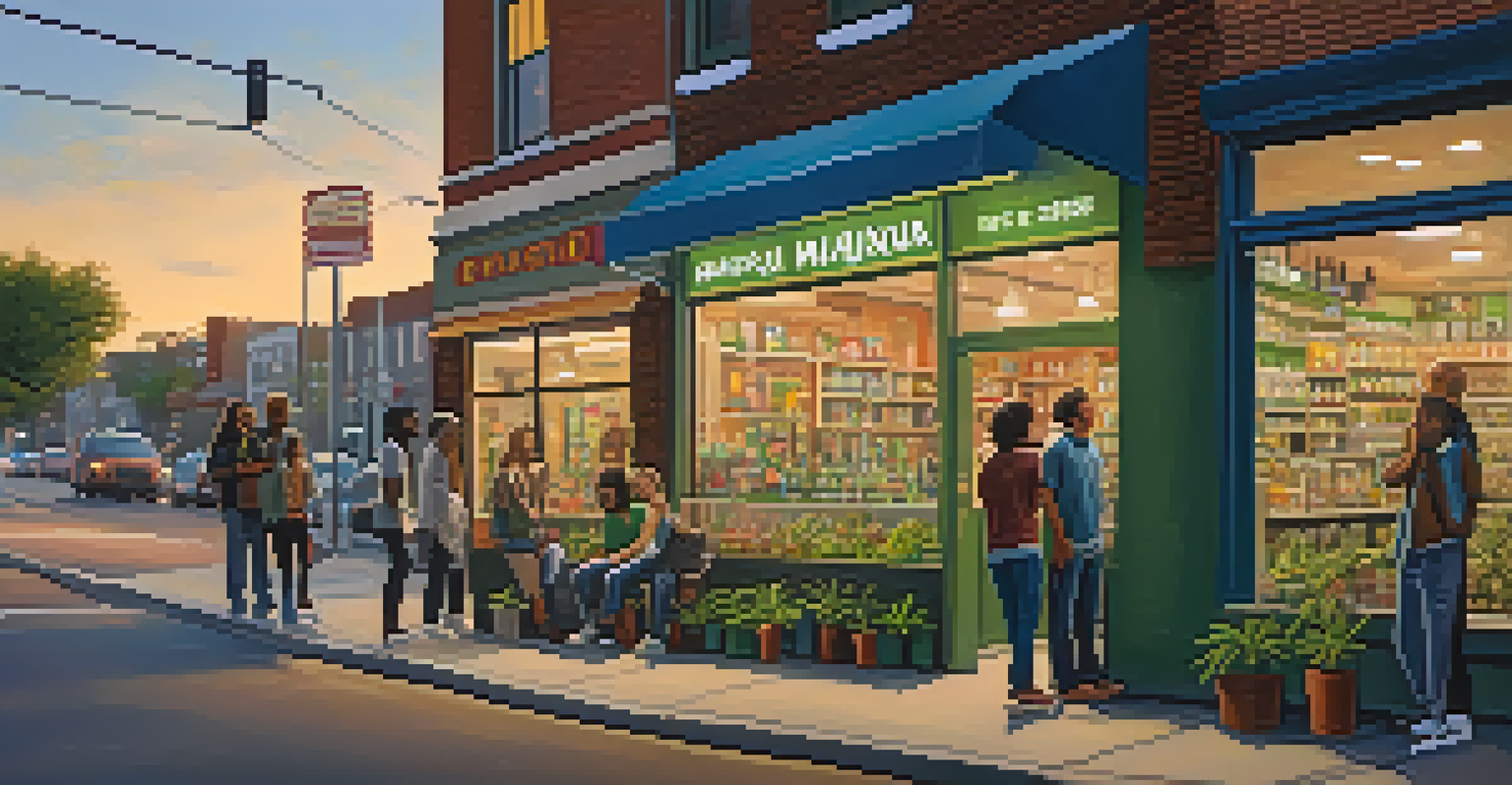 A recreational marijuana shop in an urban setting, with diverse customers and a warm evening glow.