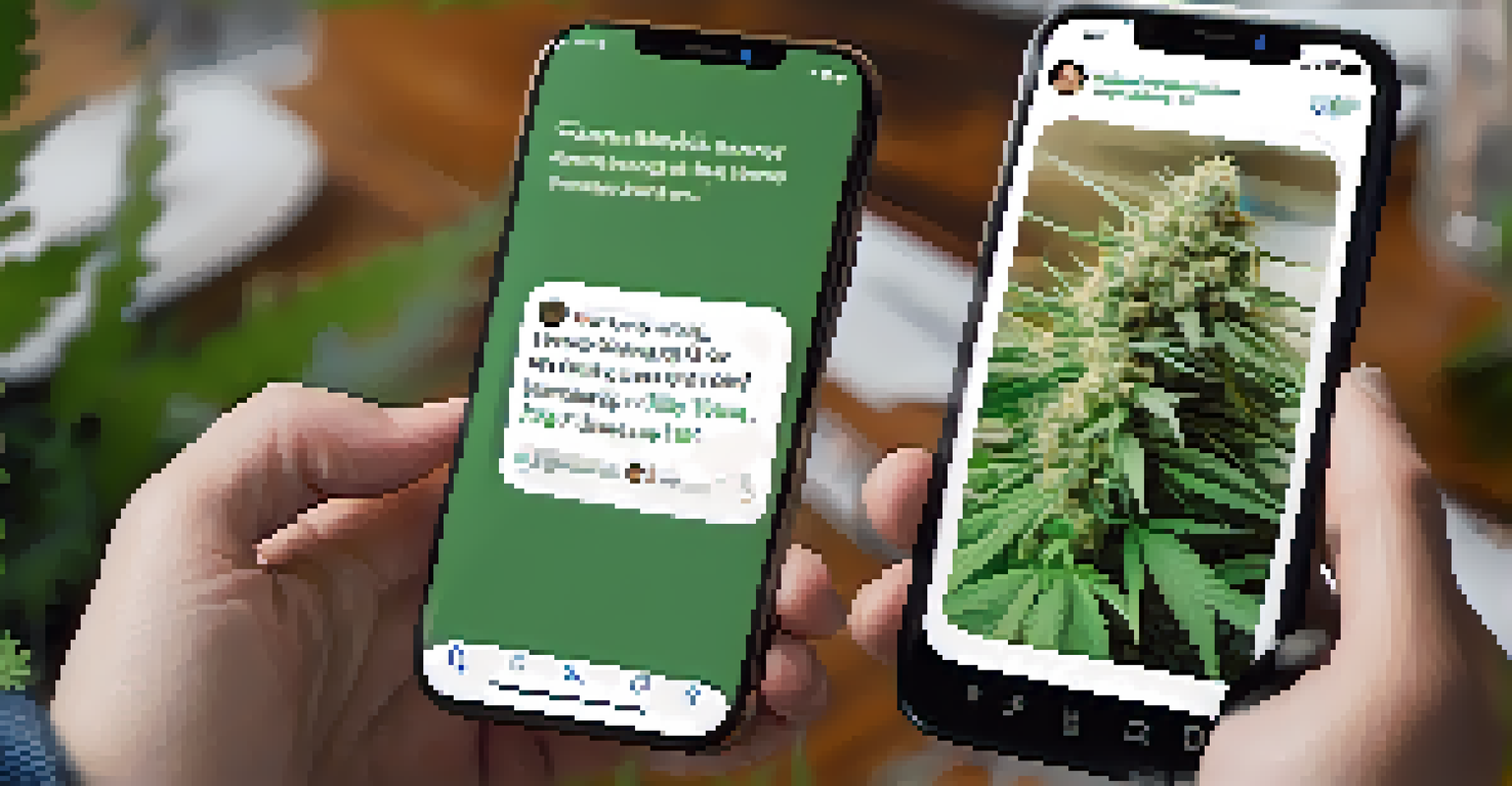 A smartphone displaying a social media post about cannabis advocacy in a cozy room with people discussing in the background.