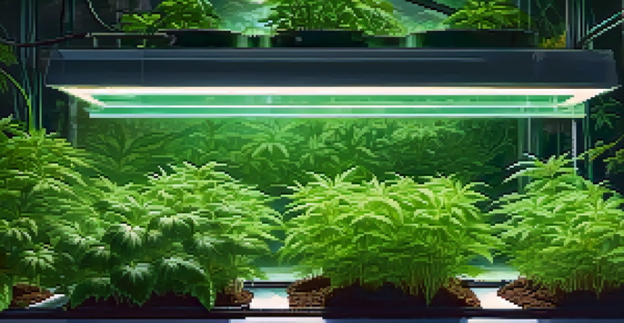 A hydroponic garden with green marijuana plants in a deep water culture system, illuminated by warm grow lights.