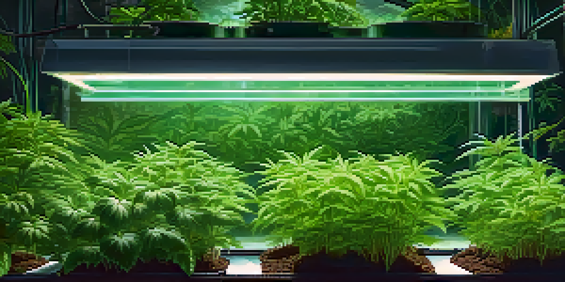 A hydroponic garden with green marijuana plants in a deep water culture system, illuminated by warm grow lights.