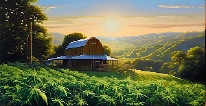 A vibrant cannabis farm at sunrise with green plants and a wooden sign that reads 'Organic Cannabis Farm'.