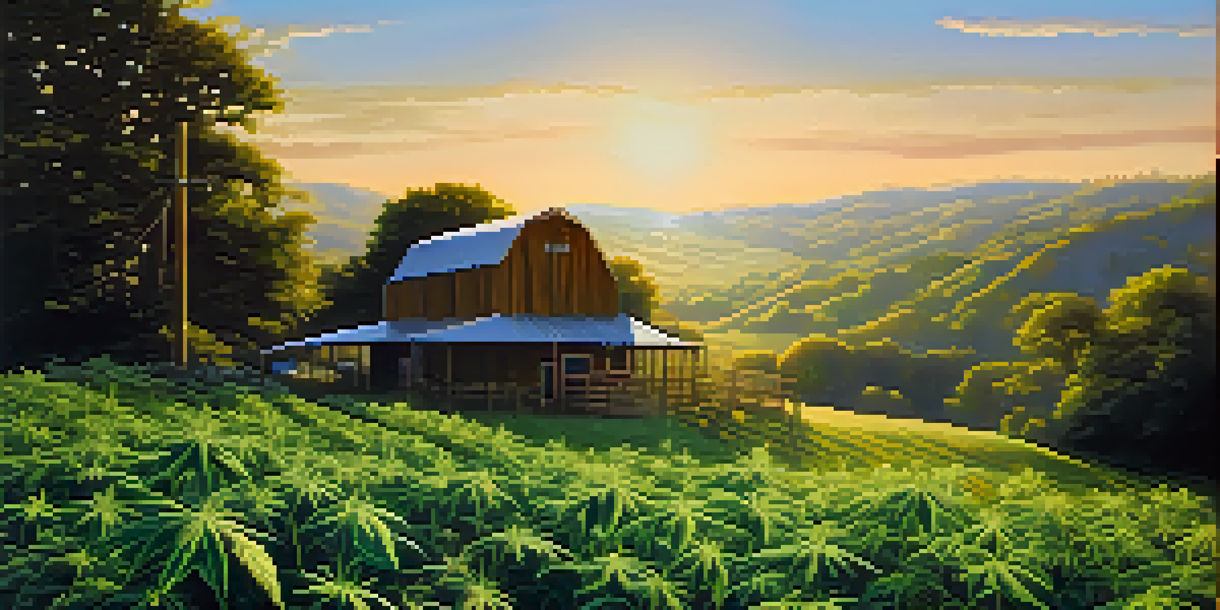A vibrant cannabis farm at sunrise with green plants and a wooden sign that reads 'Organic Cannabis Farm'.