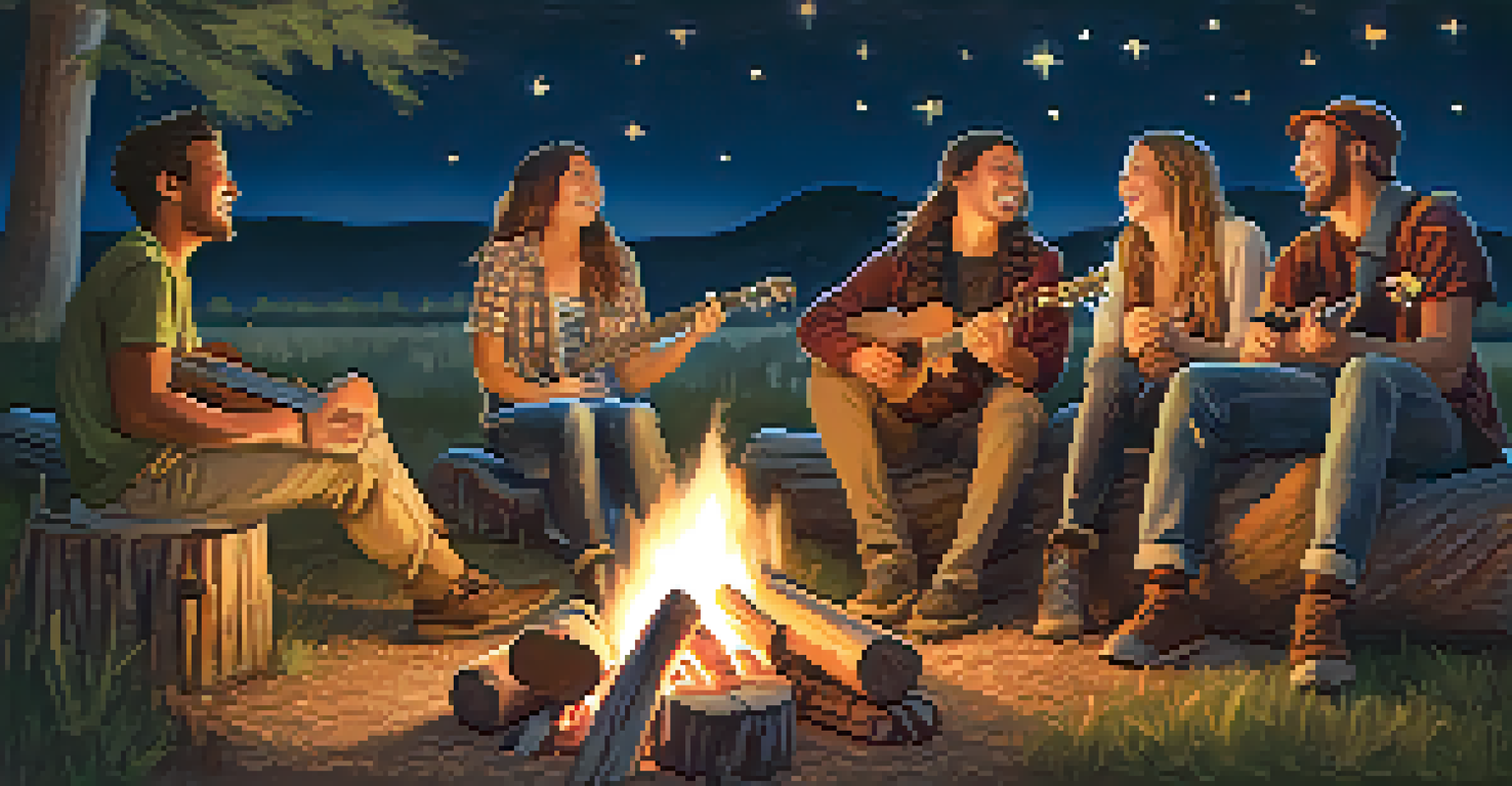 A warm campfire scene with friends laughing and sharing stories at a music festival under a starry night sky.