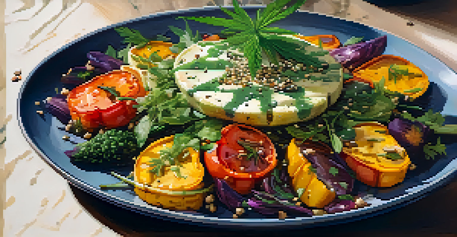A plate of roasted vegetables drizzled with cannabis-infused dressing, garnished with sesame seeds and herbs, illuminated by soft warm lighting.