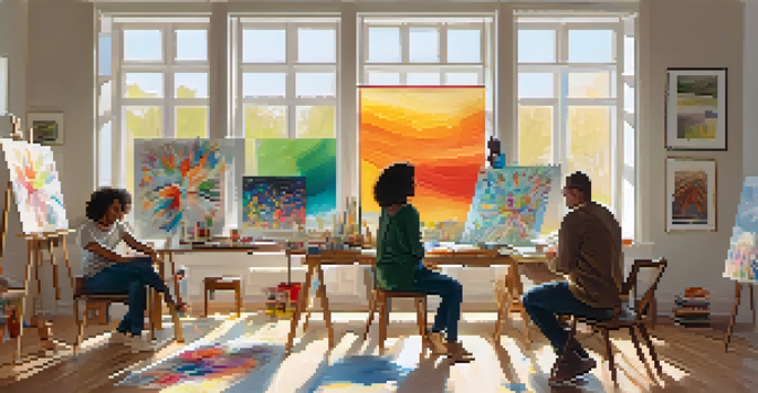 A cozy art therapy room with diverse individuals creating art, surrounded by colorful paintings and natural light.