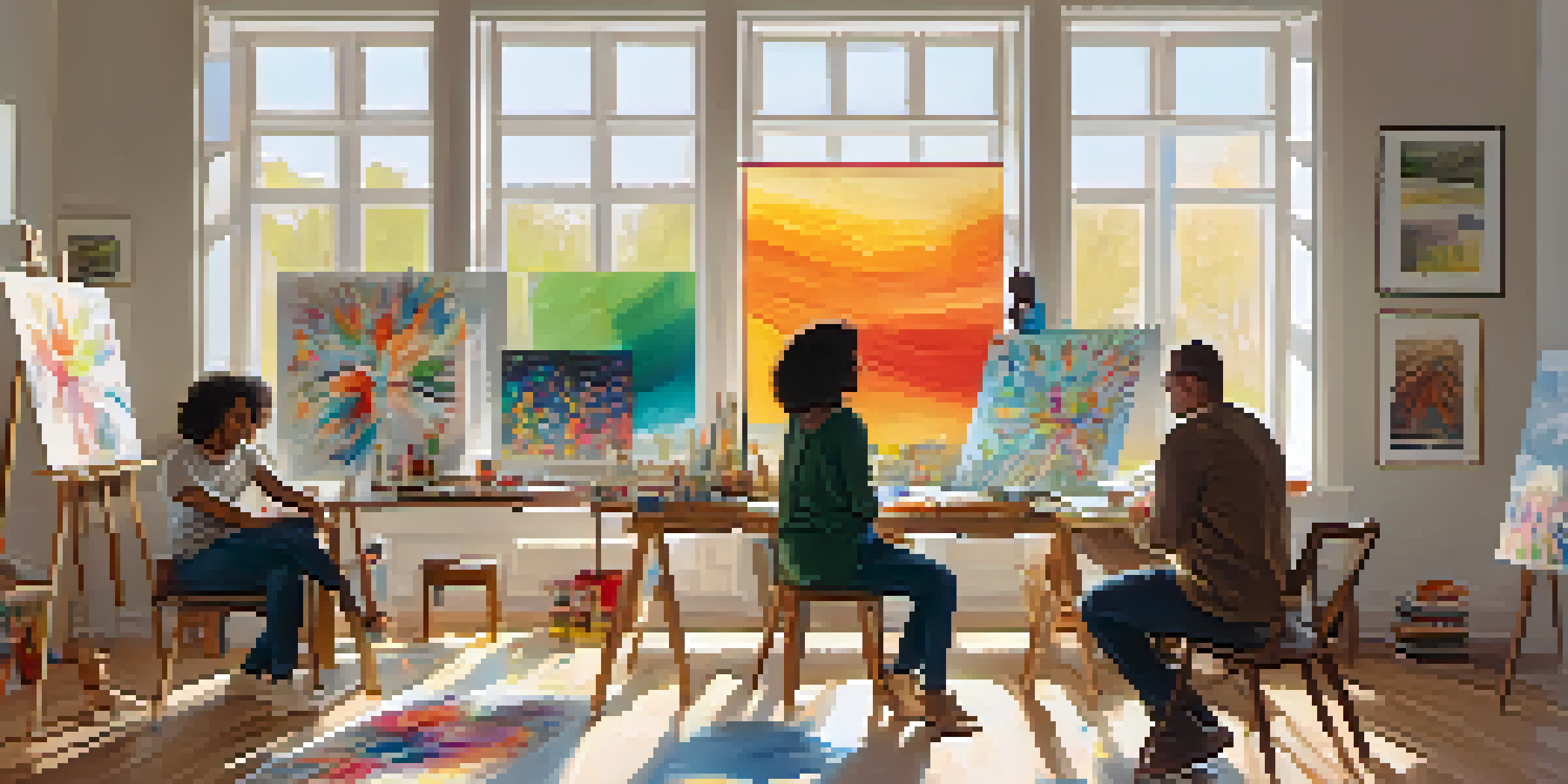 A cozy art therapy room with diverse individuals creating art, surrounded by colorful paintings and natural light.