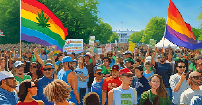 A lively community rally with diverse people holding banners advocating for marijuana legalization in a sunny park.