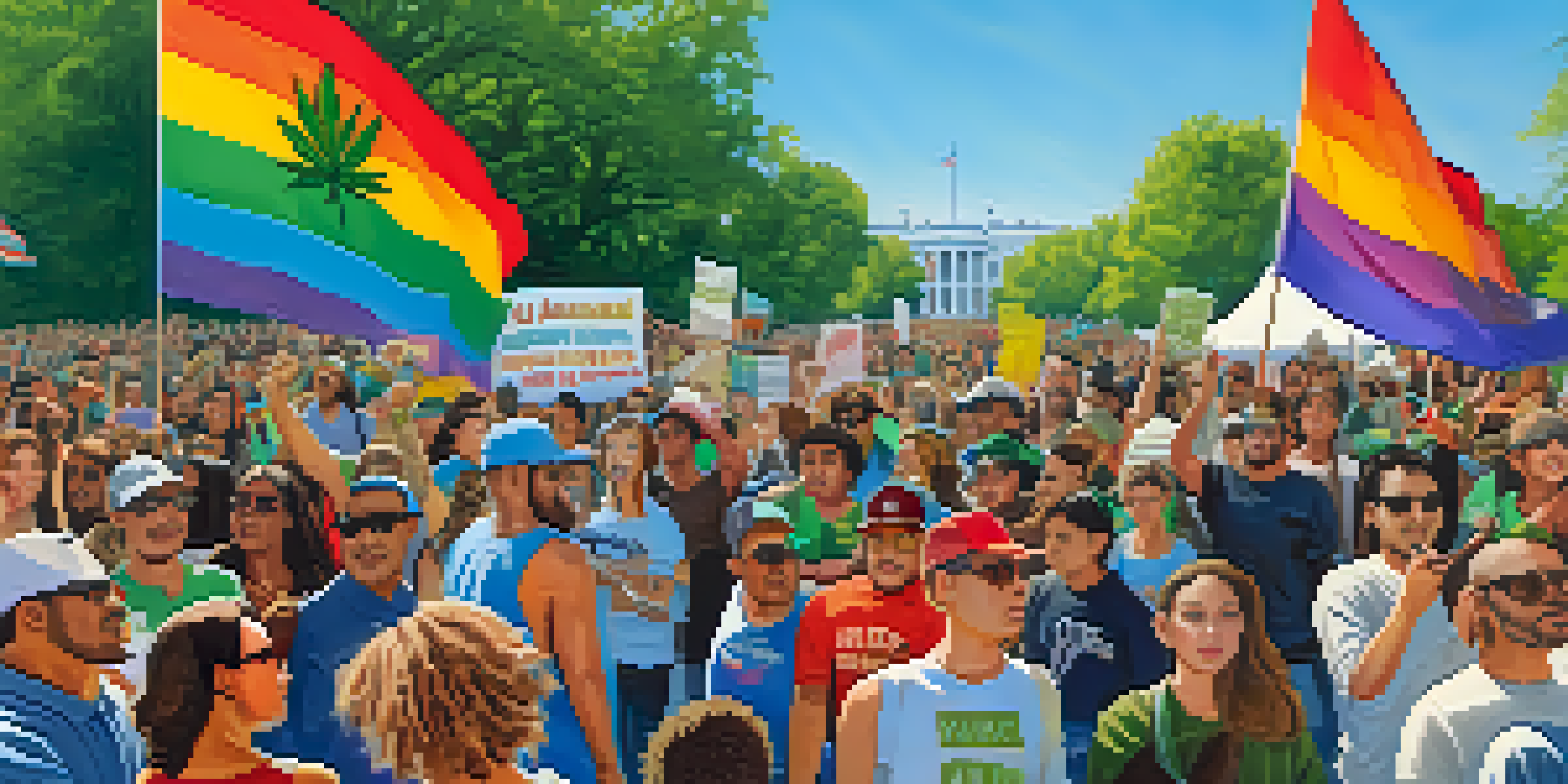 A lively community rally with diverse people holding banners advocating for marijuana legalization in a sunny park.