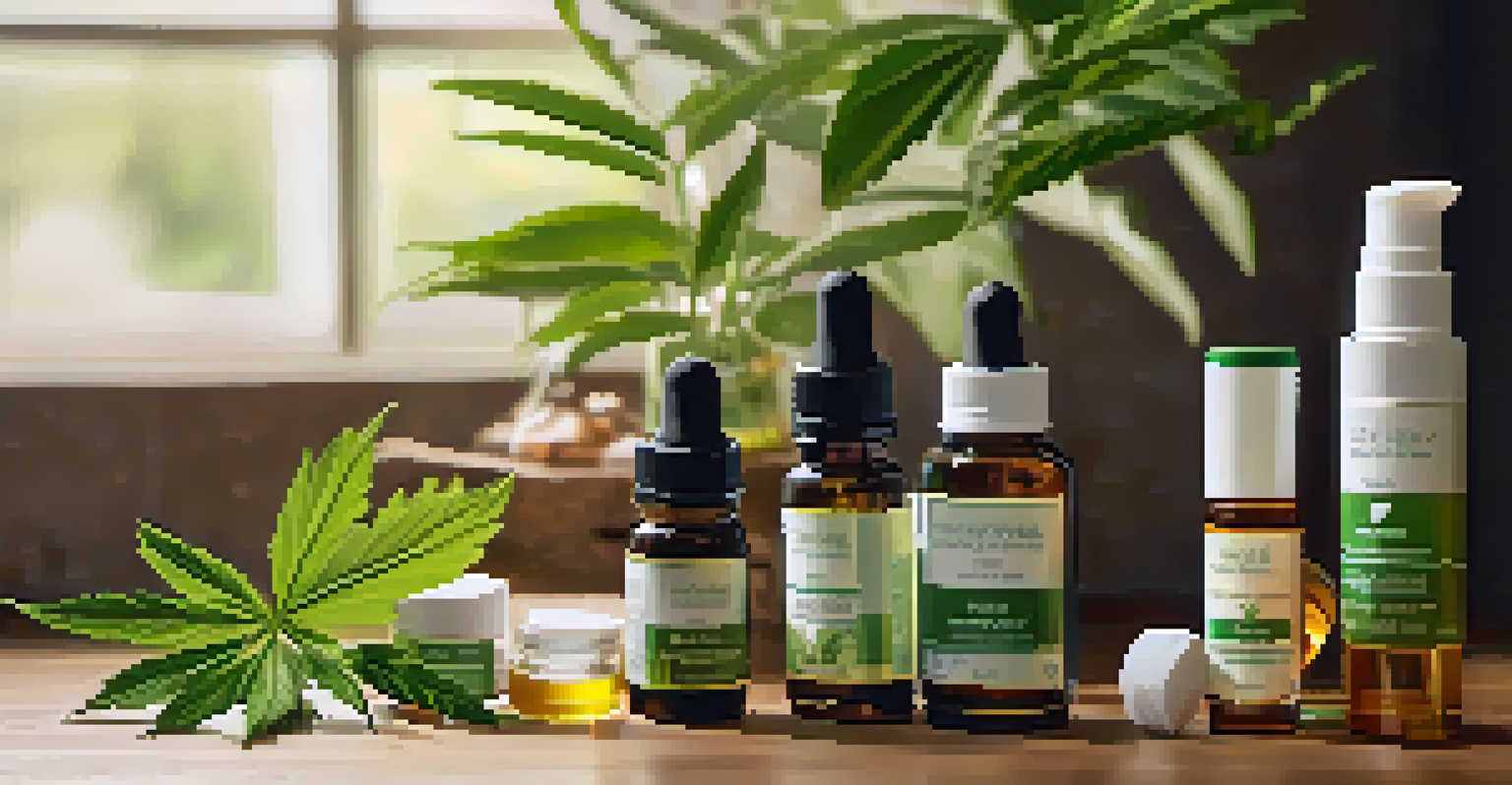 A close-up of CBD oil, capsules, and topical creams displayed on a wooden table with green leaves and natural light.