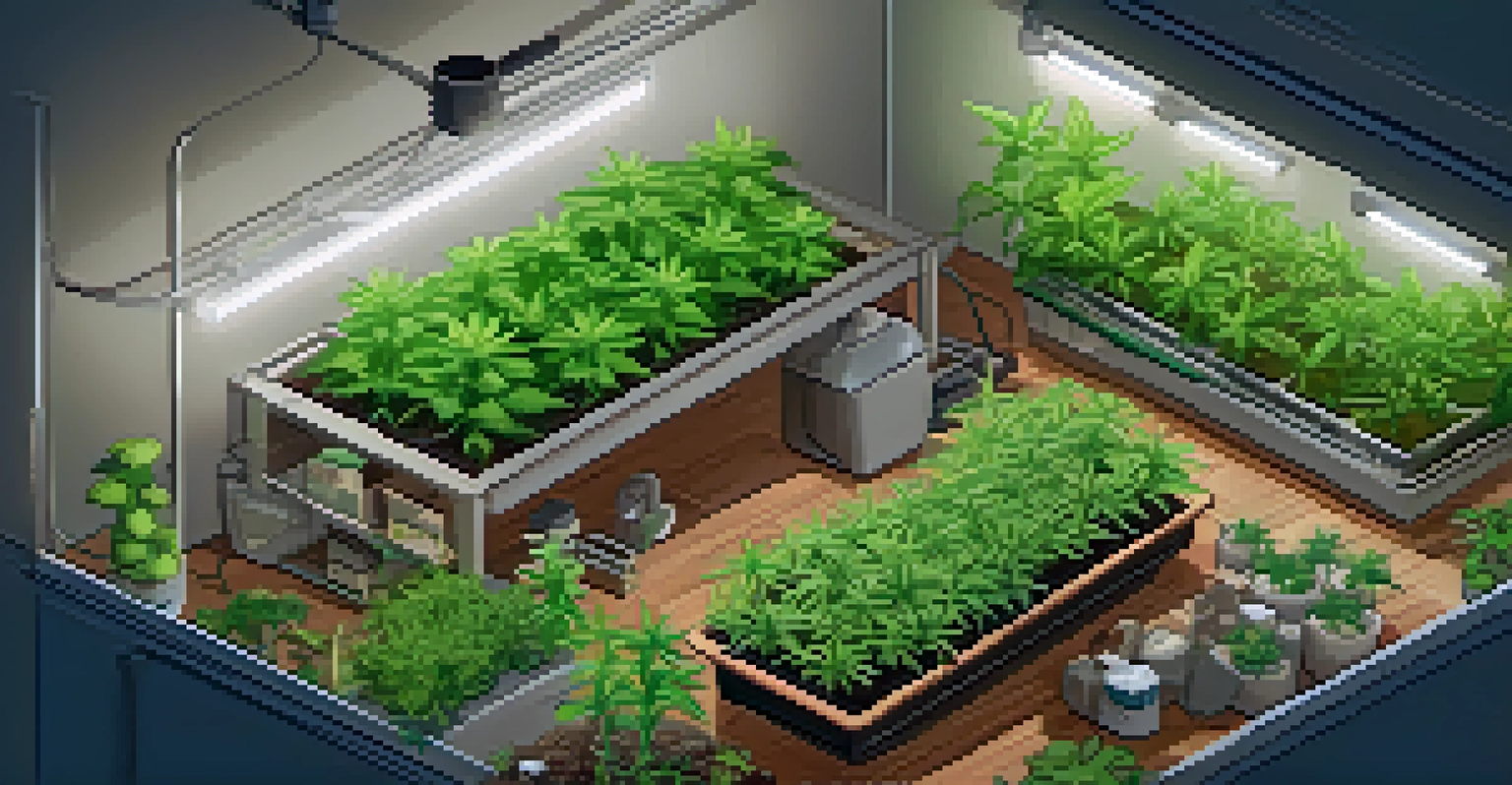 An overhead view of a grow room showcasing marijuana plants at various growth stages, with grow lights, nutrient bottles, and a watering can arranged around them.